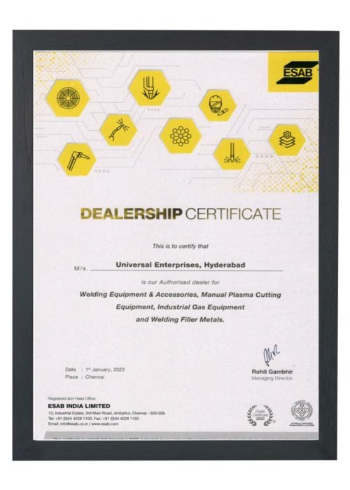 ESAB Dealership Certificate - Hyderabad