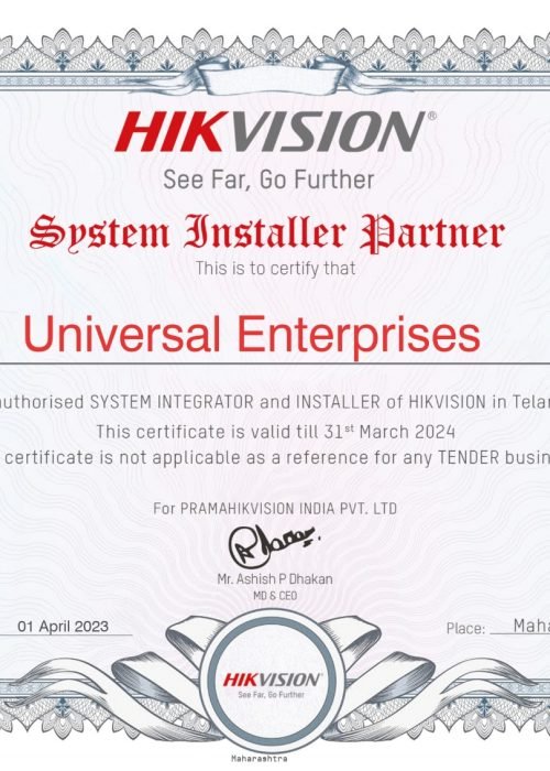 HikVision Dealership Certificate of Universal Enterprises Hyderabad Telangana Andhra Pradesh